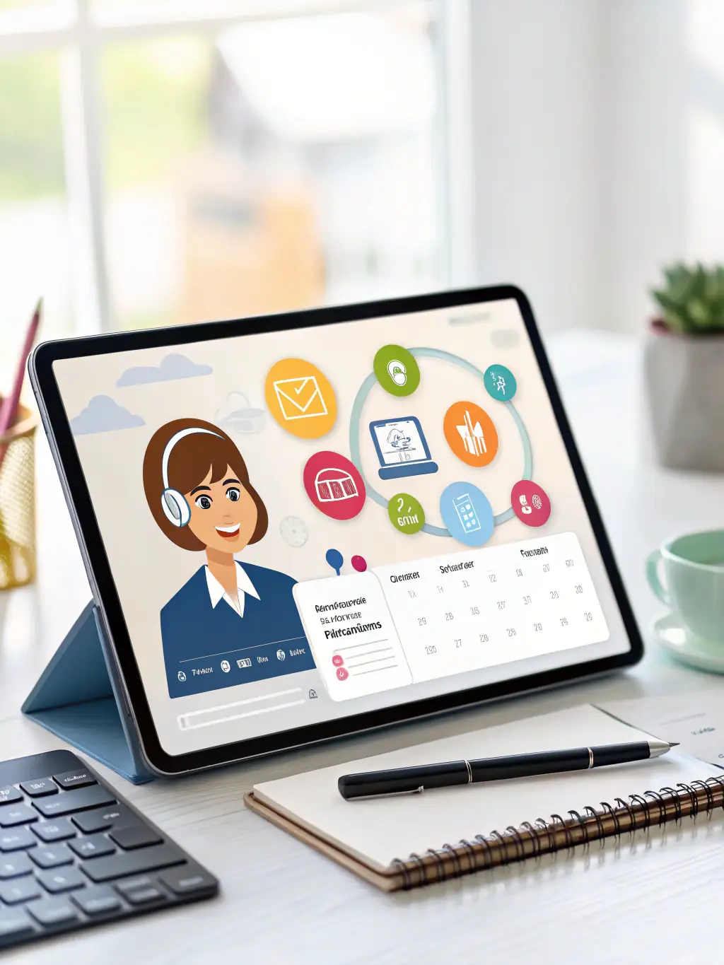 A professional-looking image of a virtual assistant interface, showcasing automated task management and client communication features, set in a modern office environment.