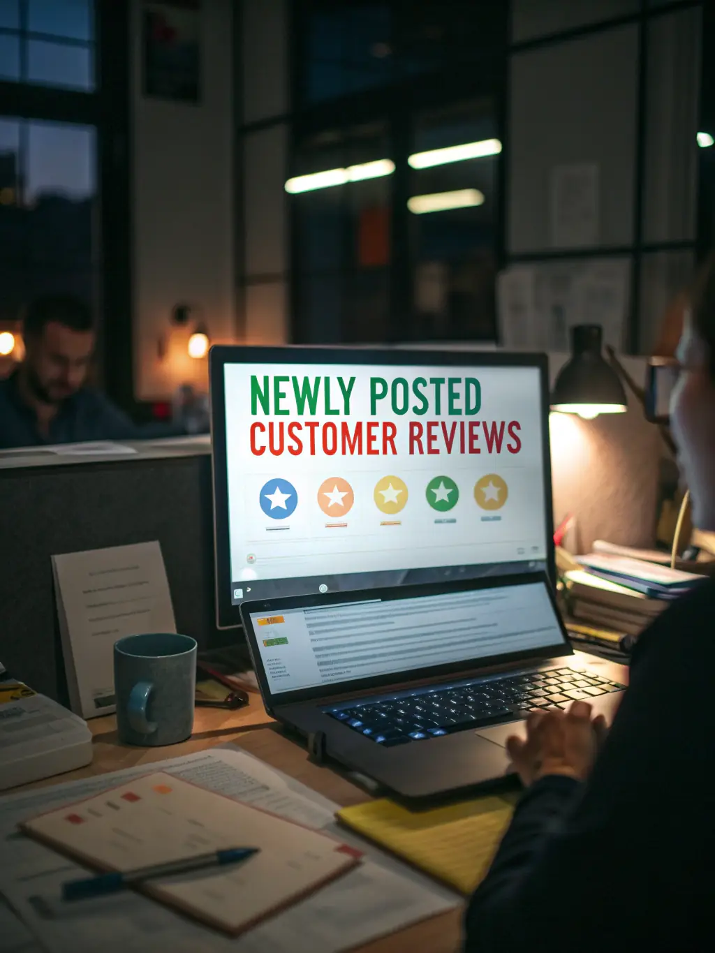 An image representing reputation management, showing positive online reviews and feedback being analyzed by AI, with a focus on maintaining a positive brand image.